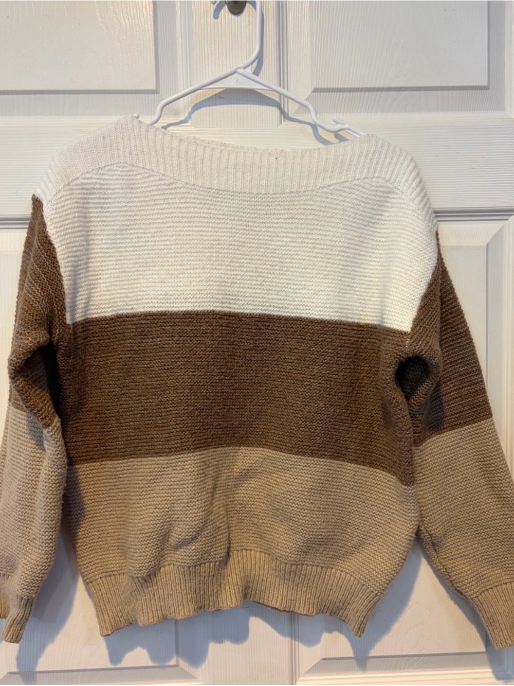 SHEIN White, Brown & Tan Colorblock Crewneck Sweater